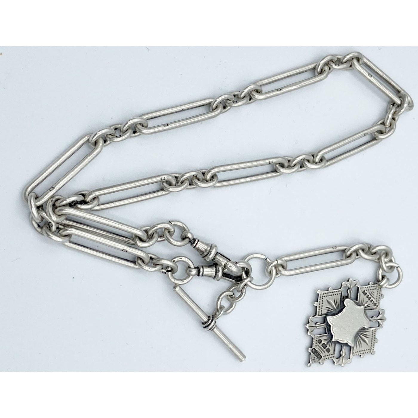 Tremendous 18" Victorian English Silver Watch Chain Trombone Link