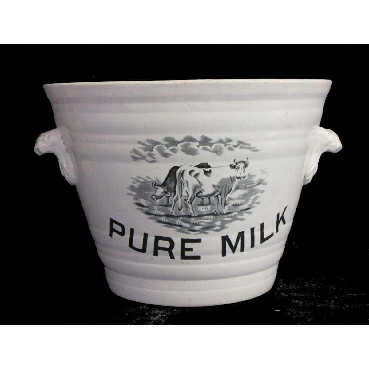 Outstanding Ironstone Pure Milk Pail with Black Cow Transfer
