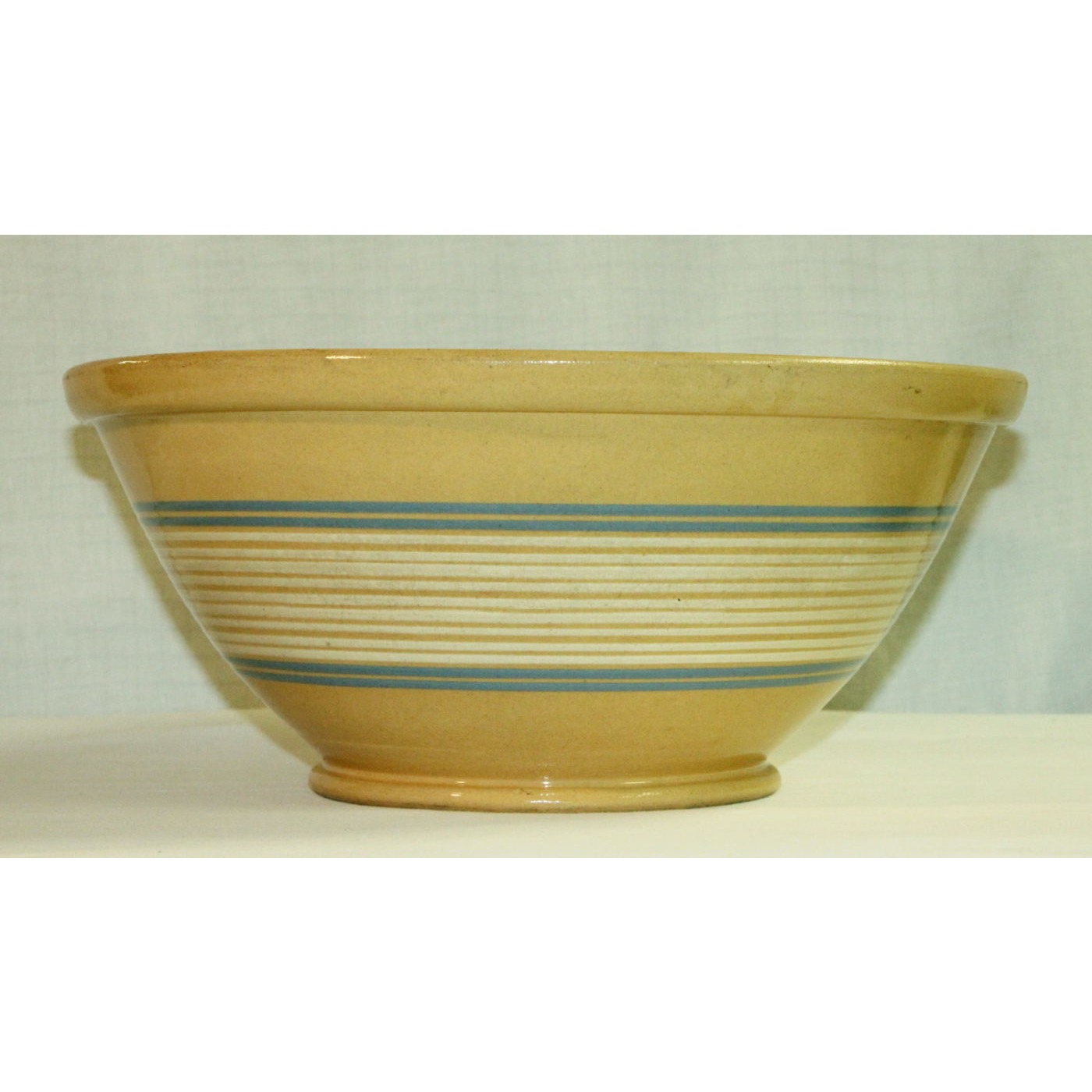 13 Bl & Wh Banded Huge Yellow Ware Bowl