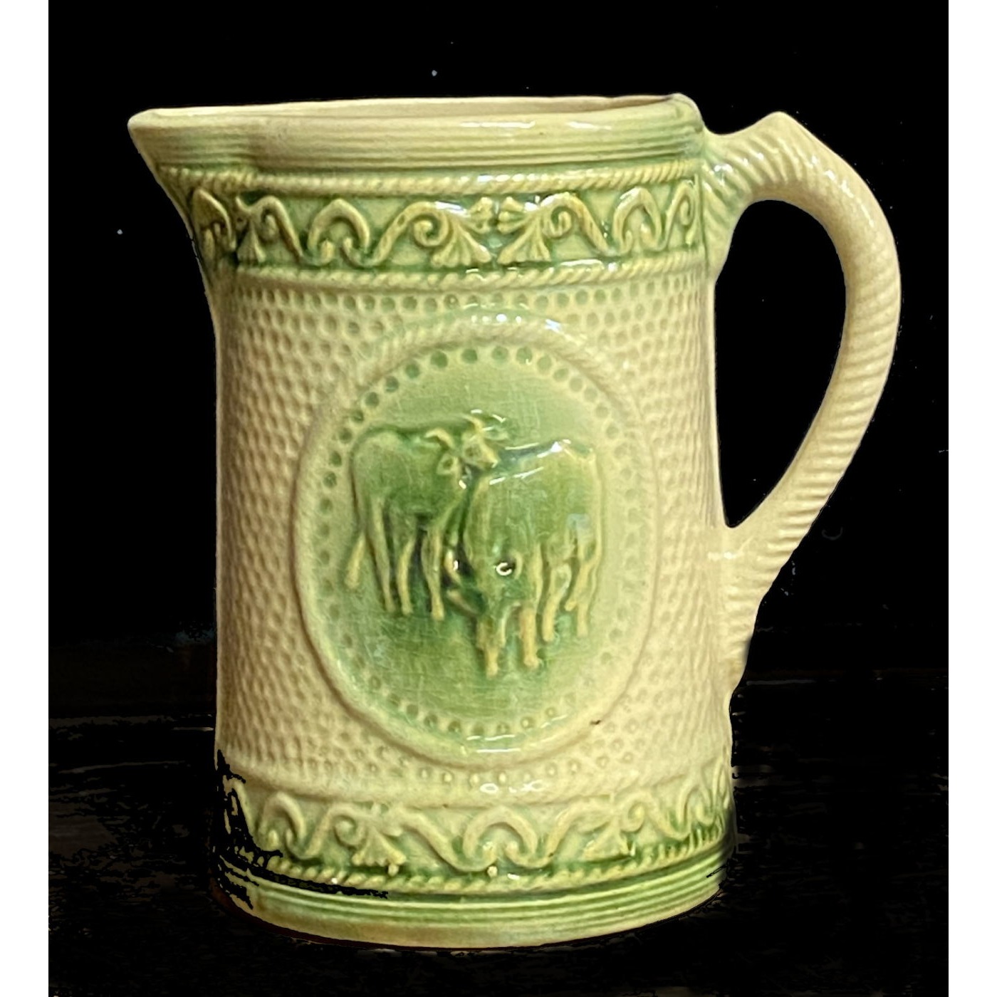 Highly Detailed Green Glazed Cow Pitcher