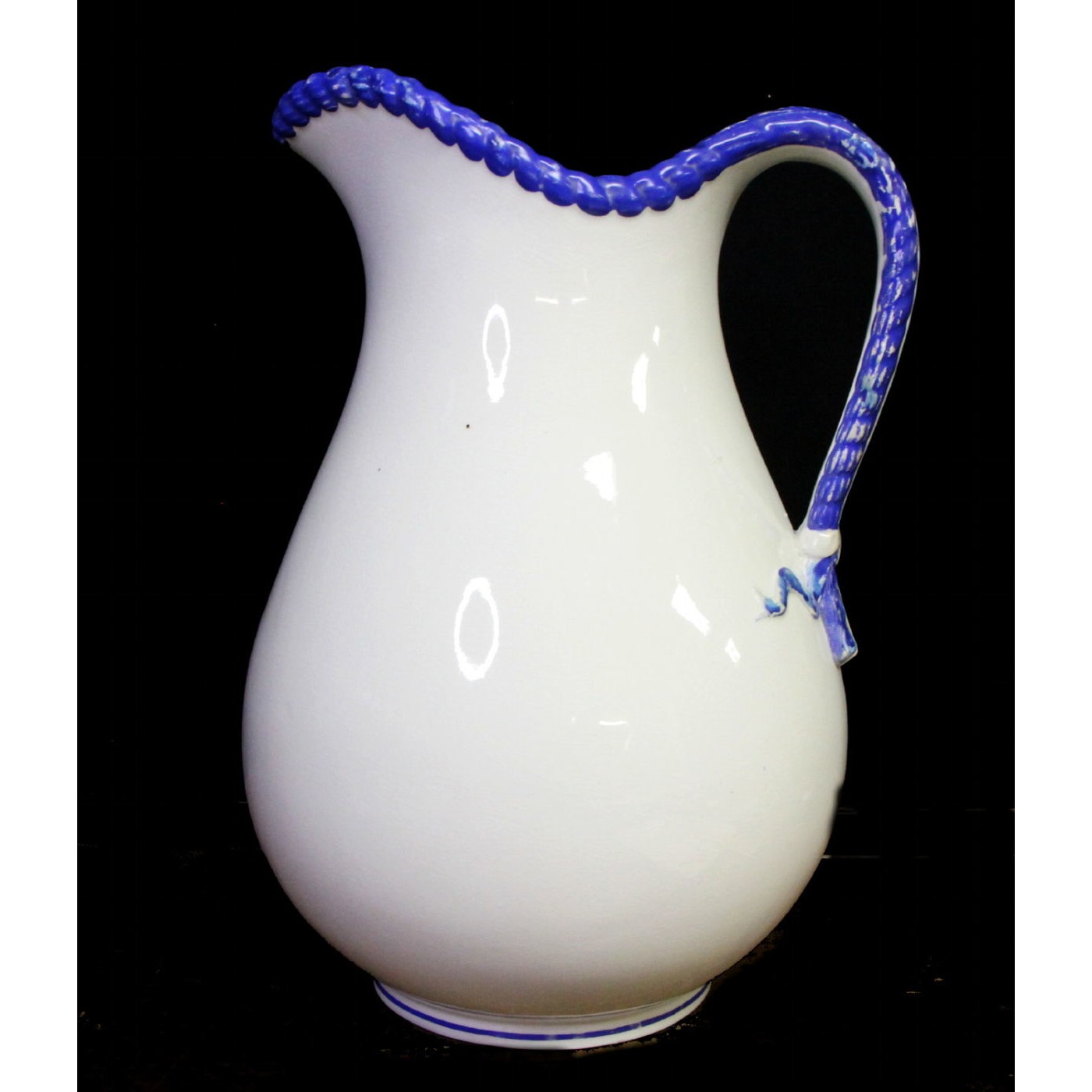 Fabulous Hand-Painted Rich Blue Trim Extra-Large Ironstone Pitcher Ewer
