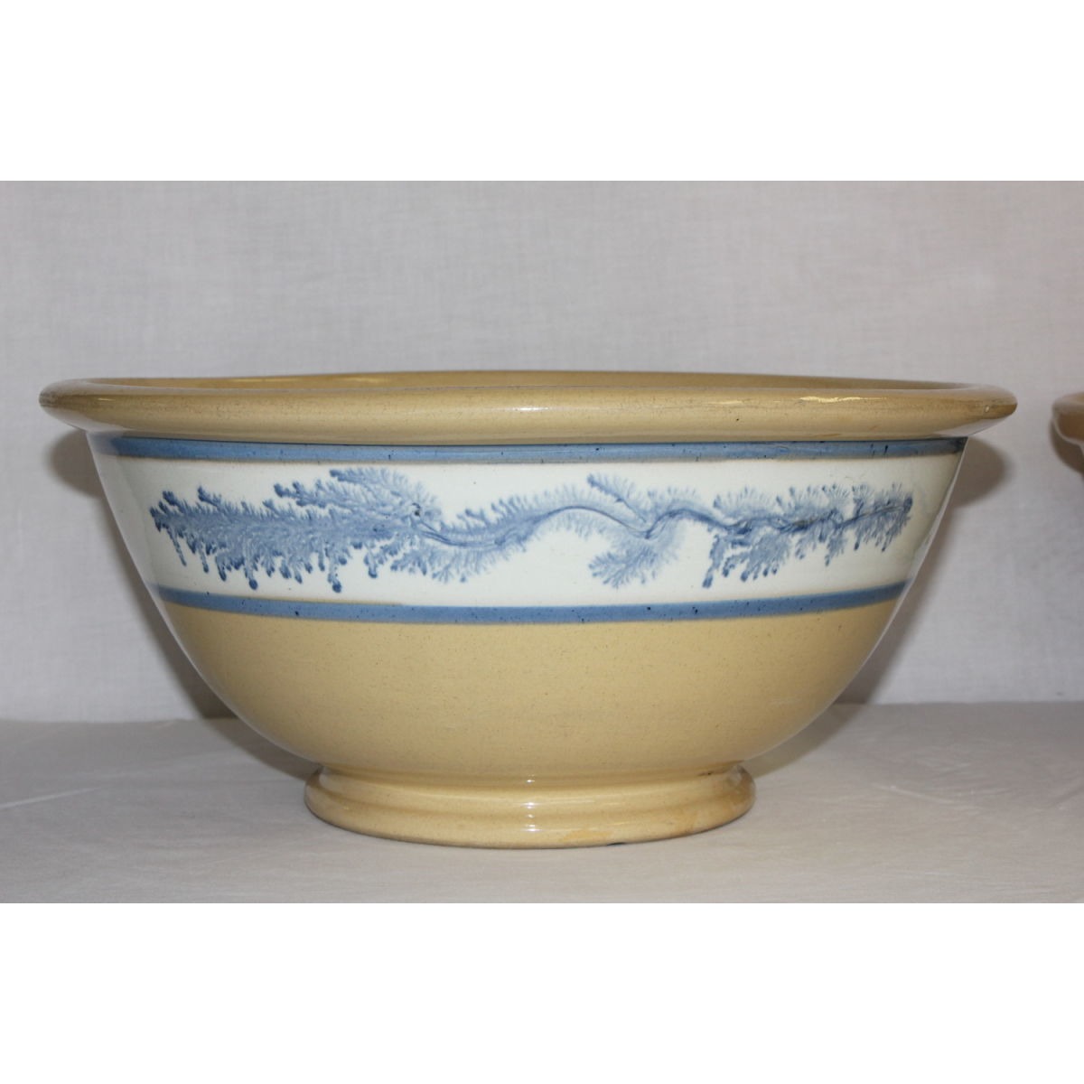 14.75" Huge Yellowware Blue Seaweed-Decorated Bowl