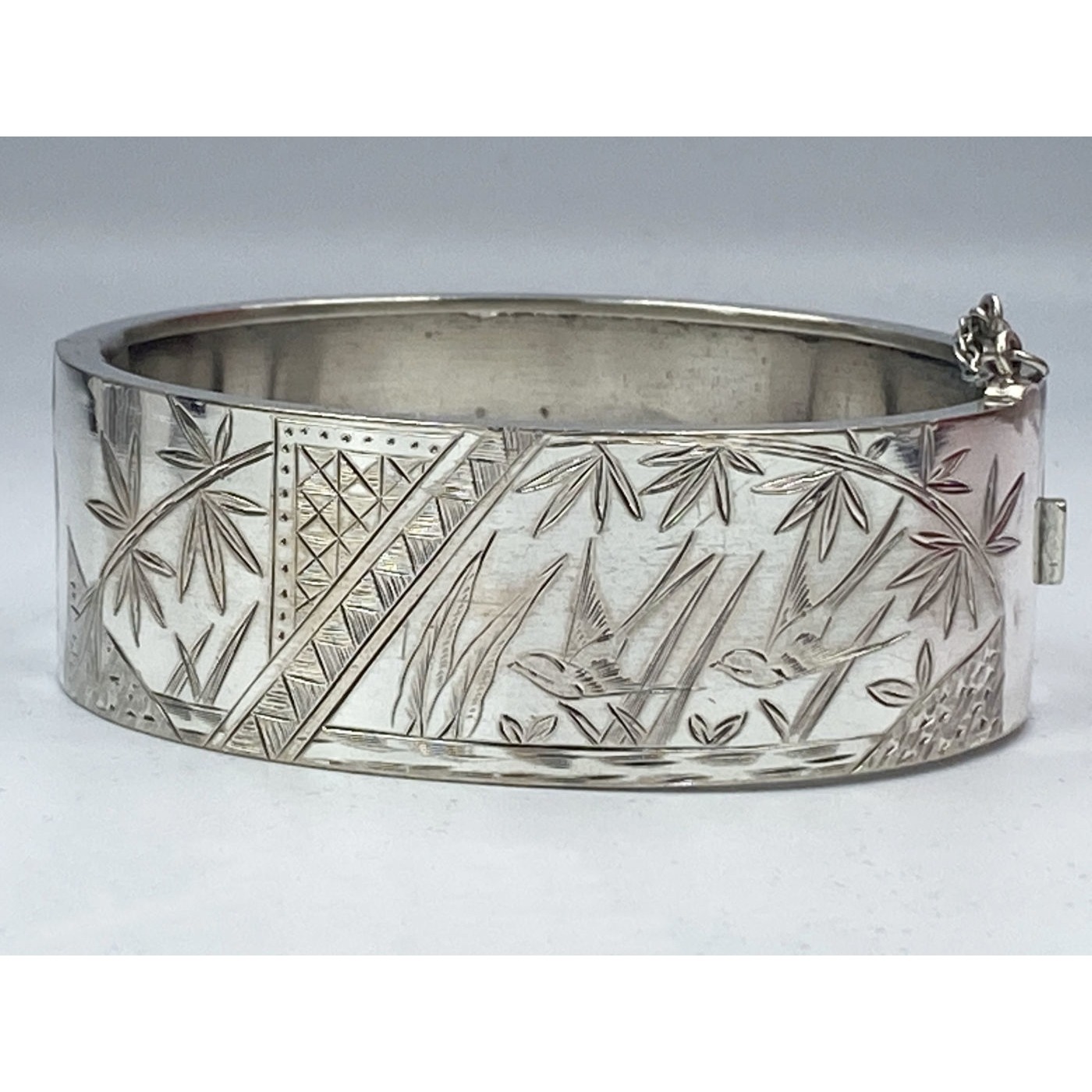 Stylized Birds and Trees, I Will Return Motto, Antique English Silver Bangle