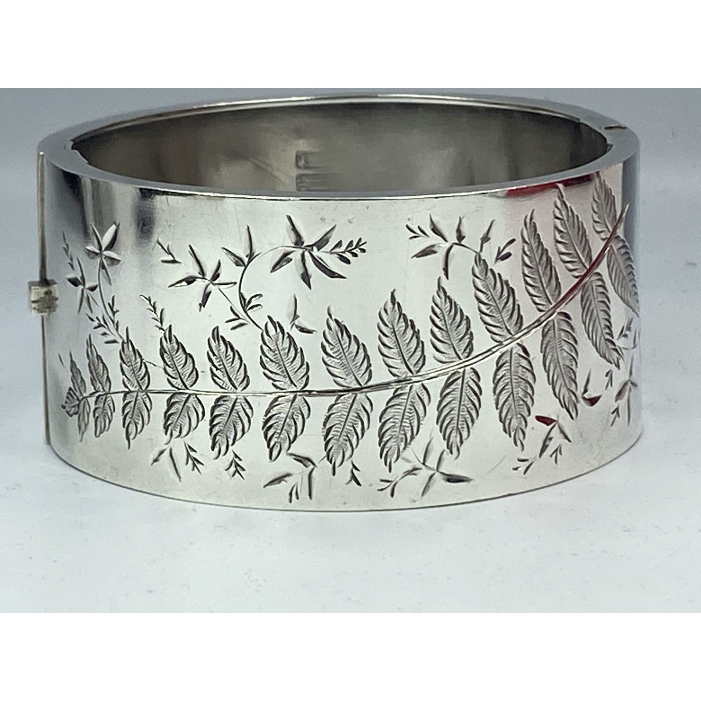 Extra Wide Singular Long Fern Leaf Engraved Antique English Silver Bangle