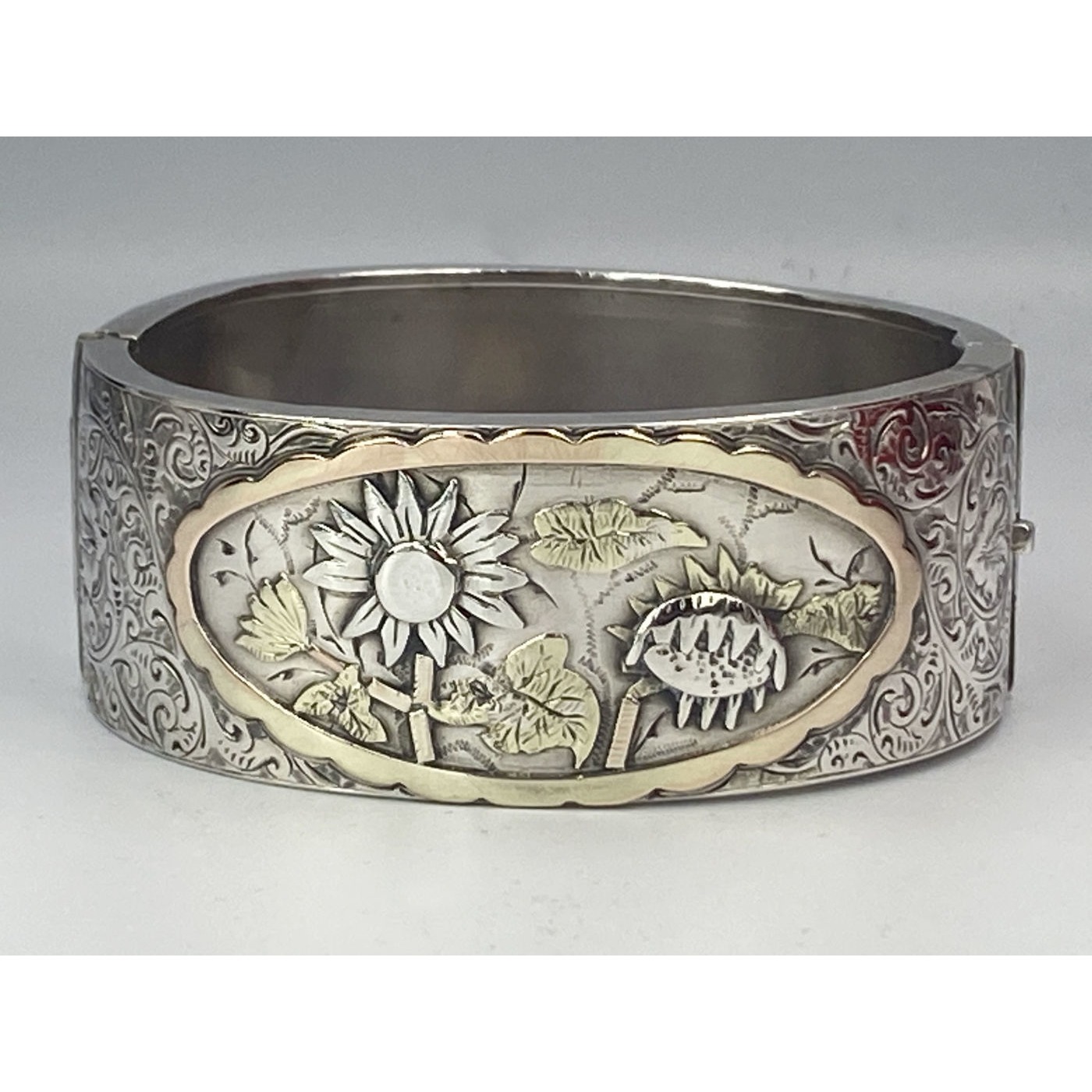 Raised, Bold Sunflower-type Flowers, Rose and Yellow Gold Decoration, English Silver Bangle