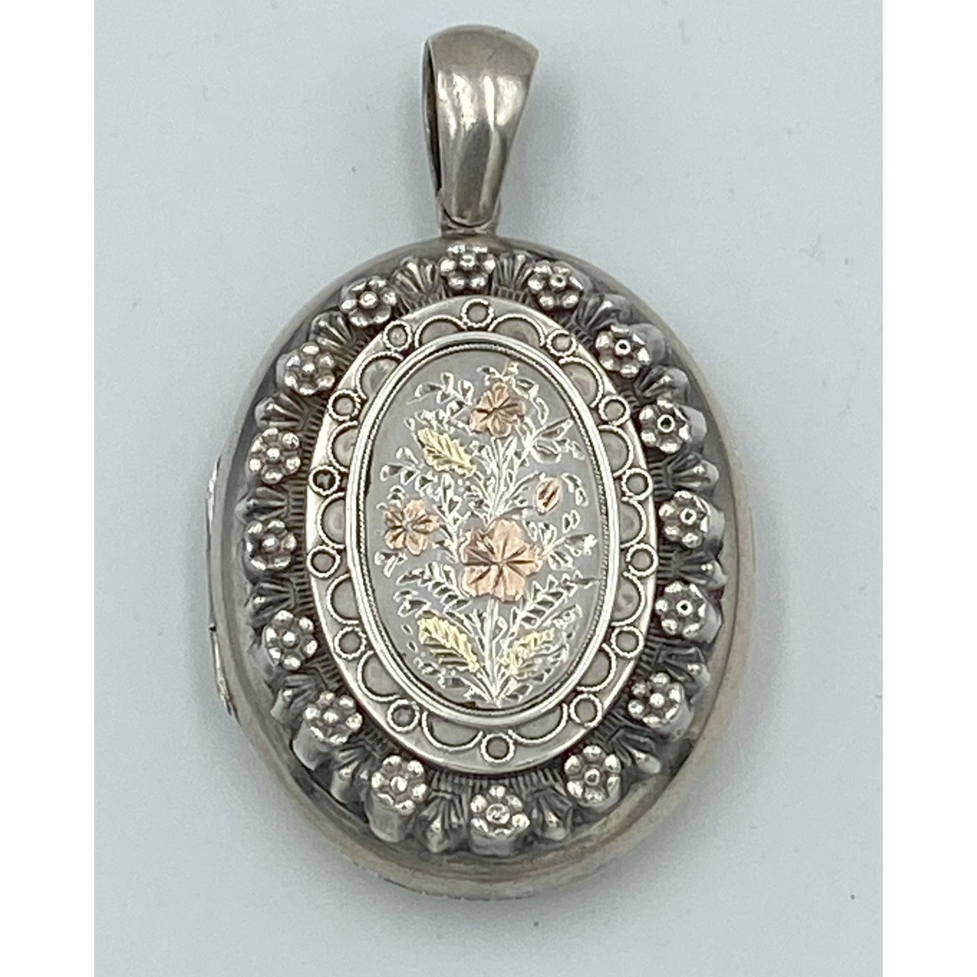 Highly Adorned Rose and Yellow Gold Applied Flowers Rosette Border Antique English Silver Locket