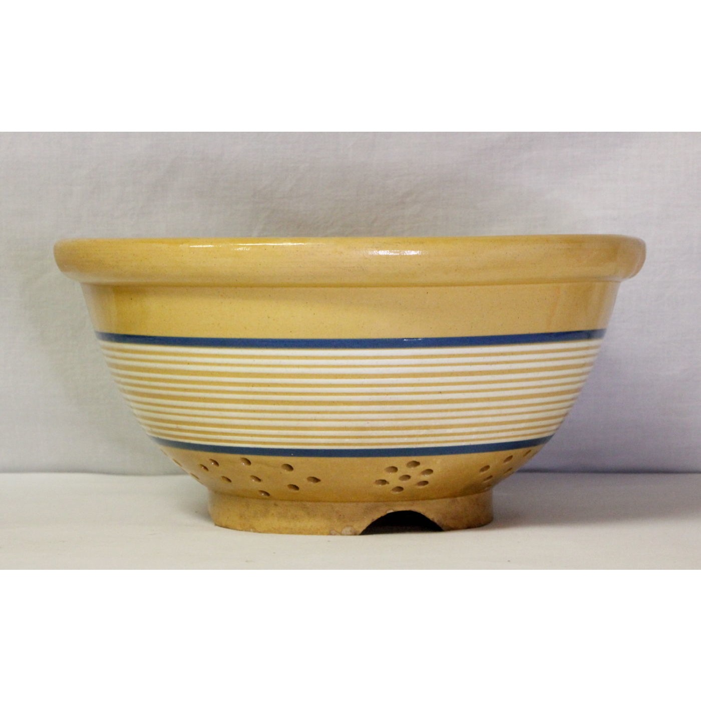 Extraordinary Blue and White Banded Yellow Ware Colander - THE BEST!