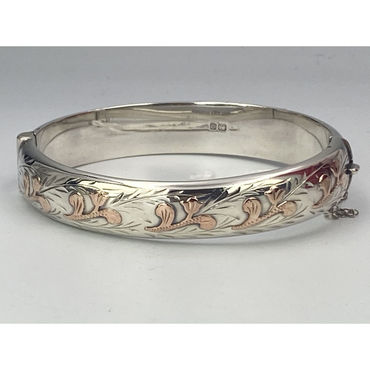 Rose Gold Small Tulip-style Decoration on a Narrow English Silver Bangle