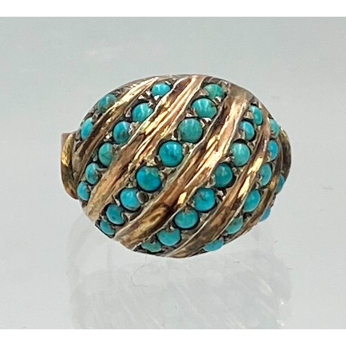 Diagonal Rows of Persian Turquoise in a Rose Gold Antique English Dome Ring