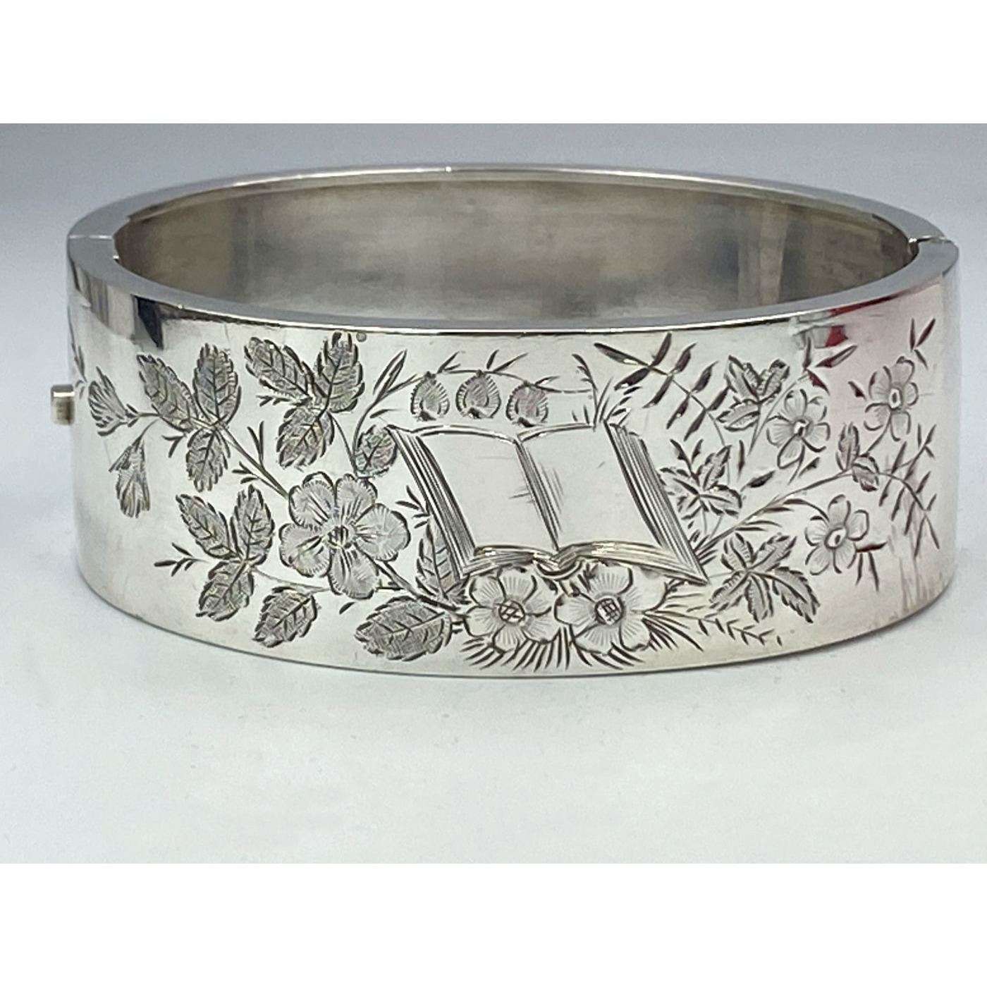 Highly Unusual Engraved Book Antique English Silver Bangle