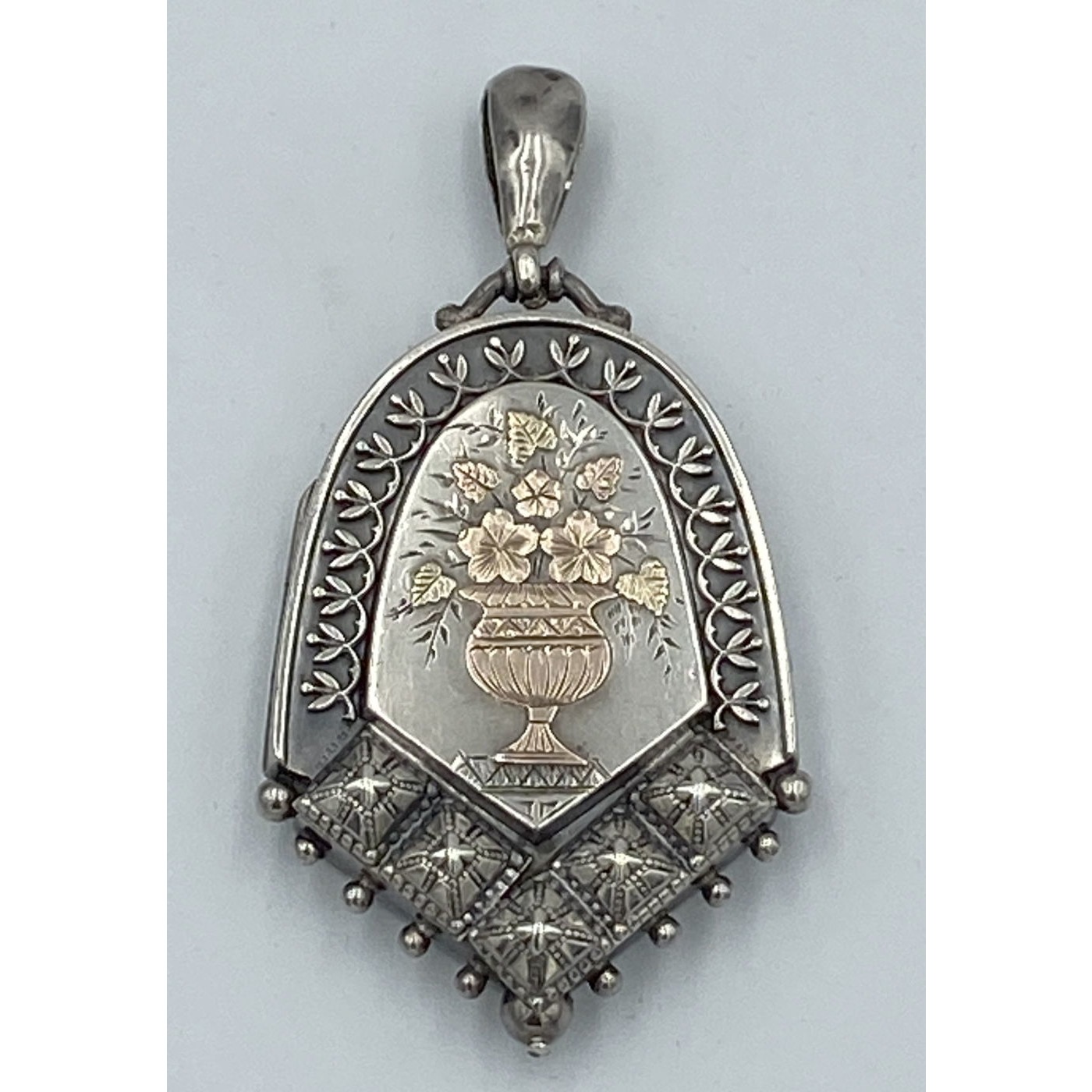 Tremendous Studded Antique English Silver Locket with Rose and Yellow Gold Floral Bouquet