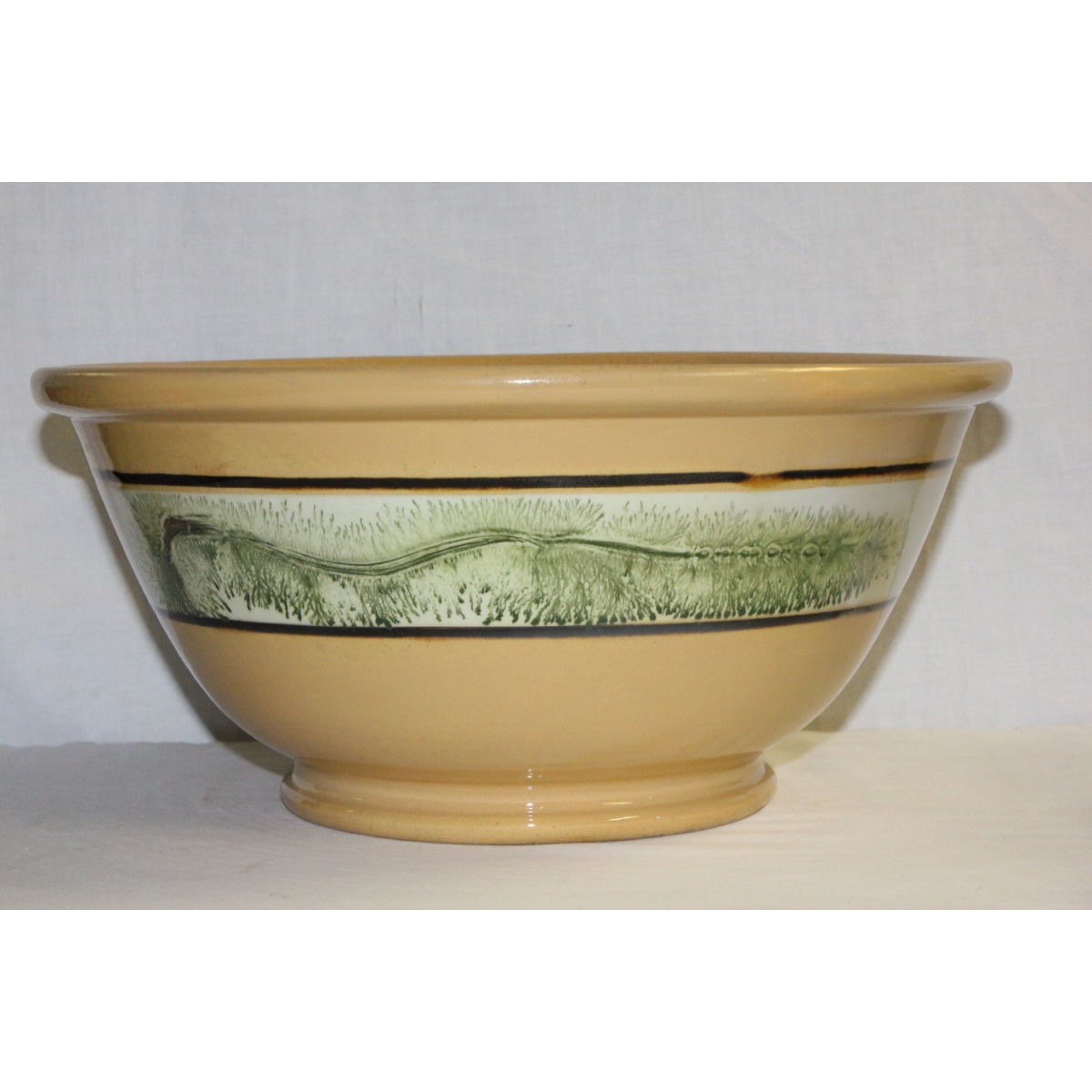 Fabulous Huge Green Seaweed-Decorated Yellowware Bowl