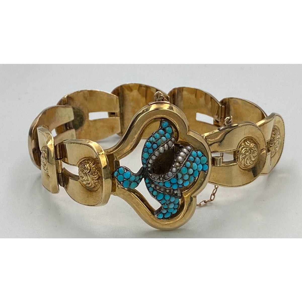 Statement 15kt Gold Bold Link Antique English Bracelet w. Turquoise and Seed Pearls