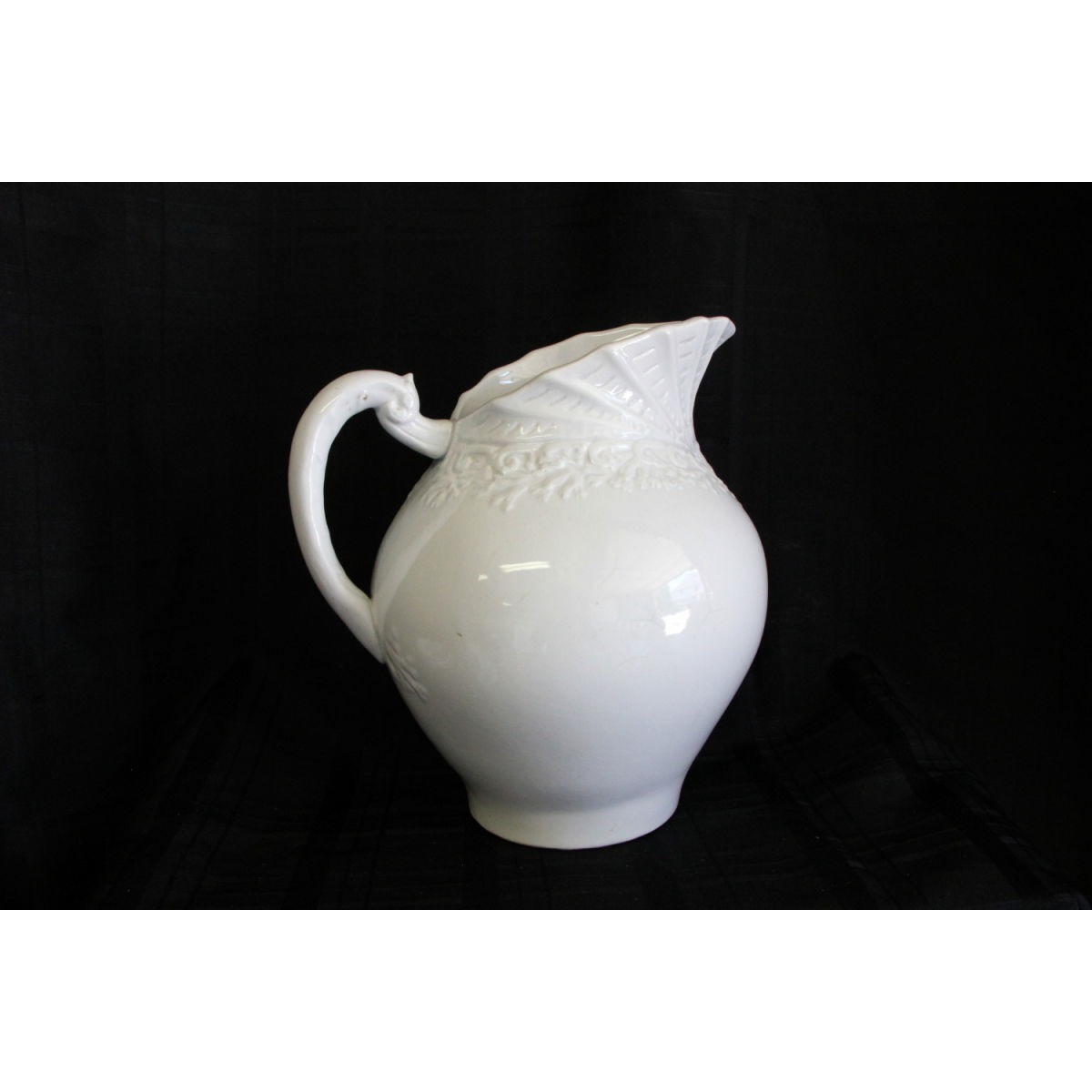 Gorgeous Ironstone Pitcher with Ornate Shell Embossing