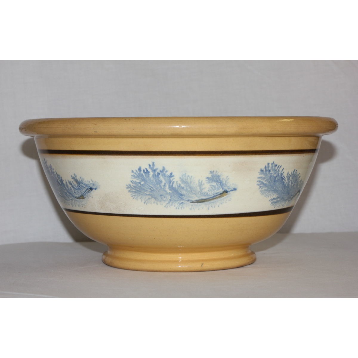 Gorgeous 12.5" Blue Seaweed-Decorated Yellowware Bowl