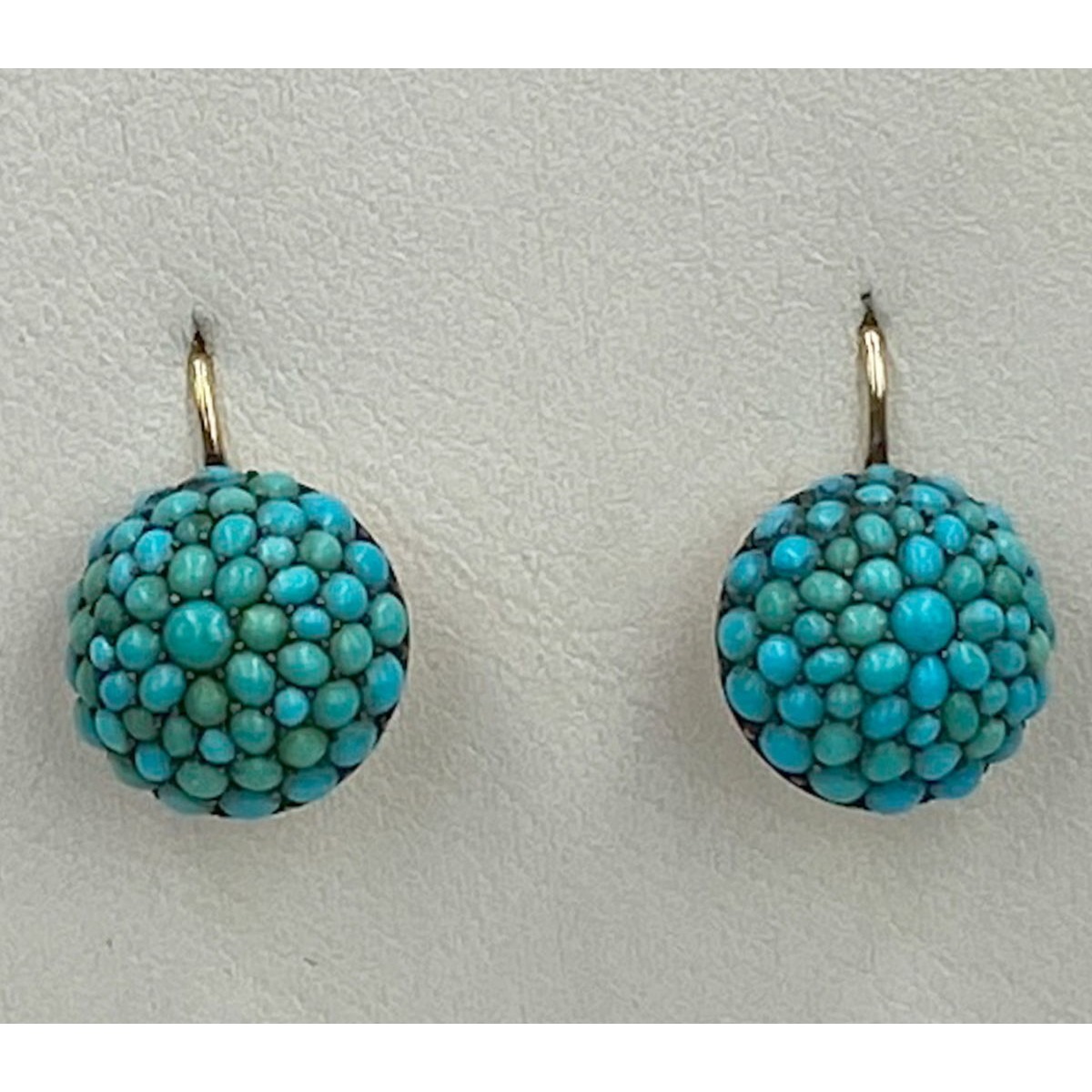 Outstanding Brilliant Persian Turquoise Dome Drop Antique English Gold Earrings
