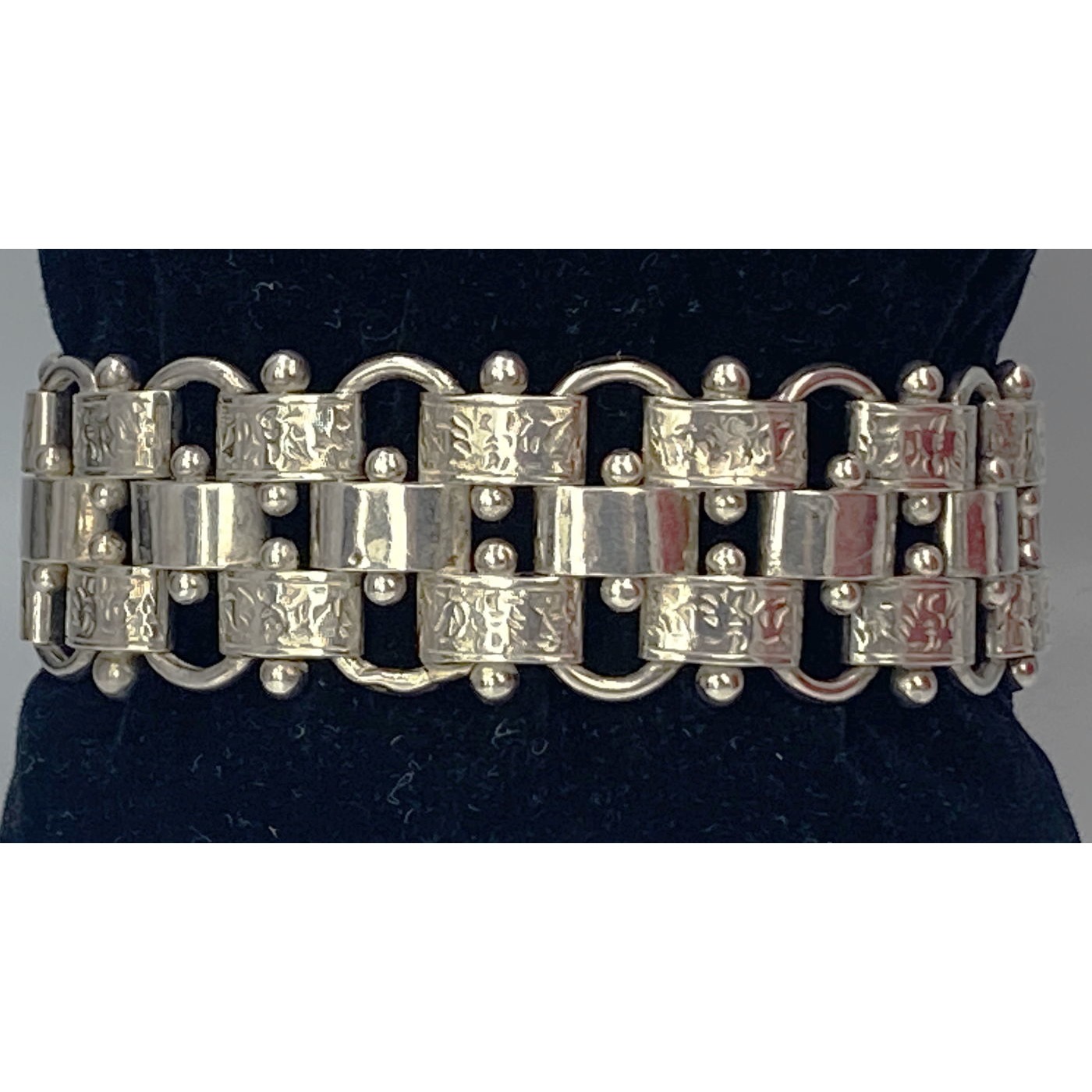 Incredible Ball and Embossed Link Basketweave Antique English Silver Bracelet