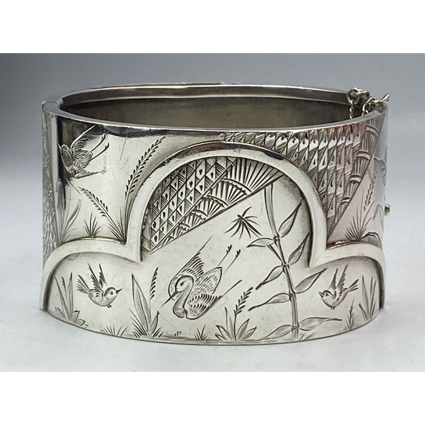 Unbelievable Swallows, Diving Birds, Cattails, Flowers Engraved Antique English Silver Bangle
