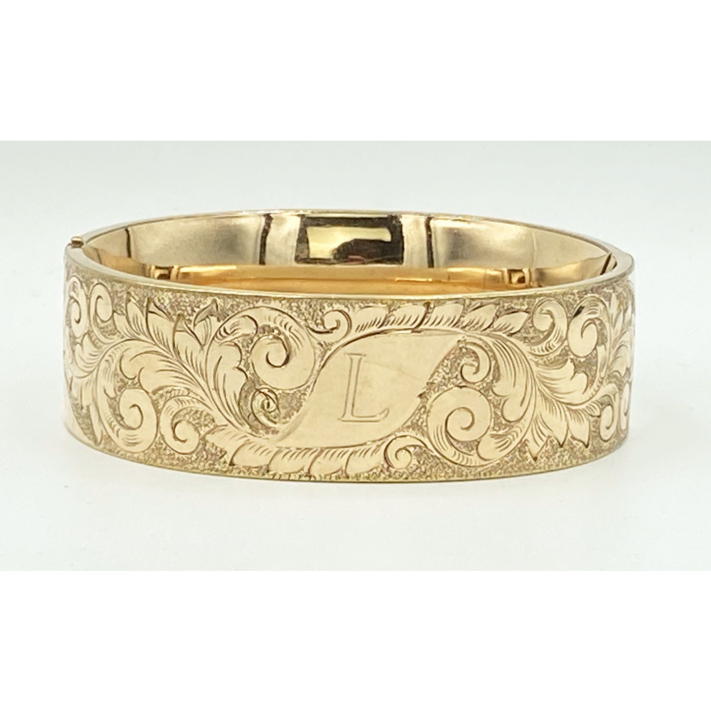 Outstanding Wide "L" Elaborate Scrolling Monogram Gold-Filled Bangle