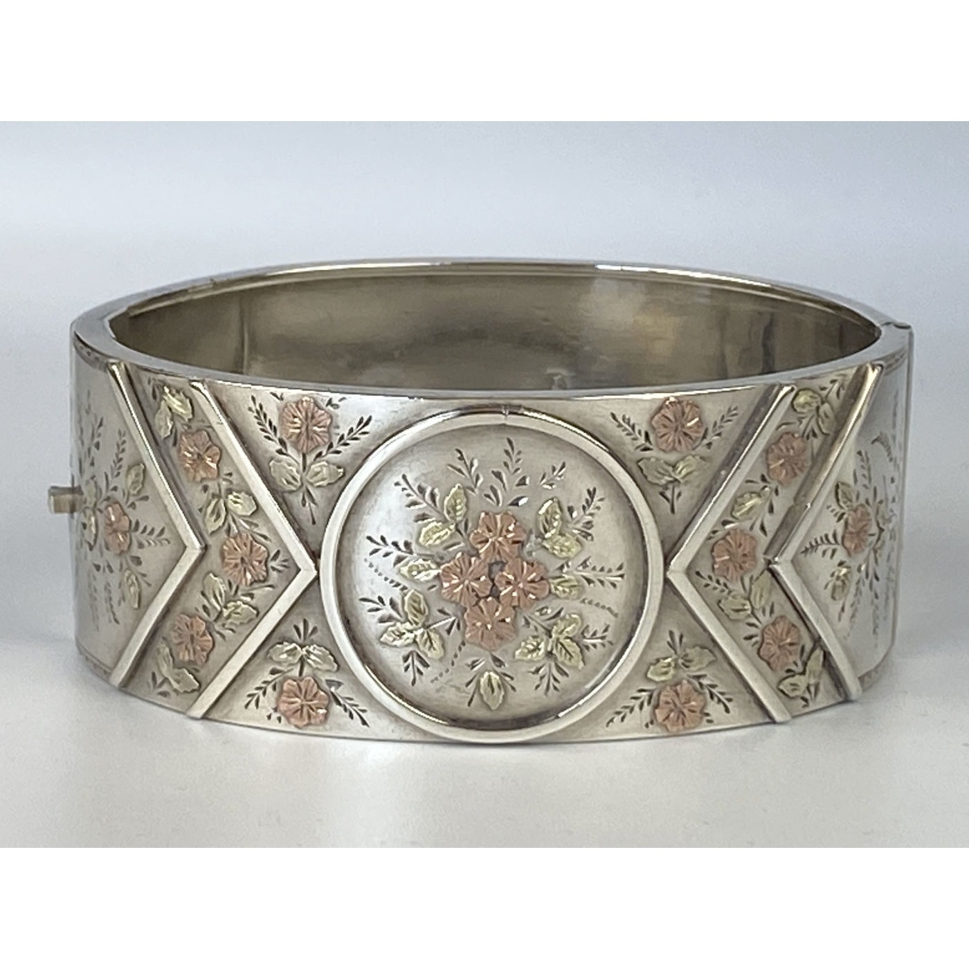 Fabulous Rose Gold Flowers on an English Silver Bangle