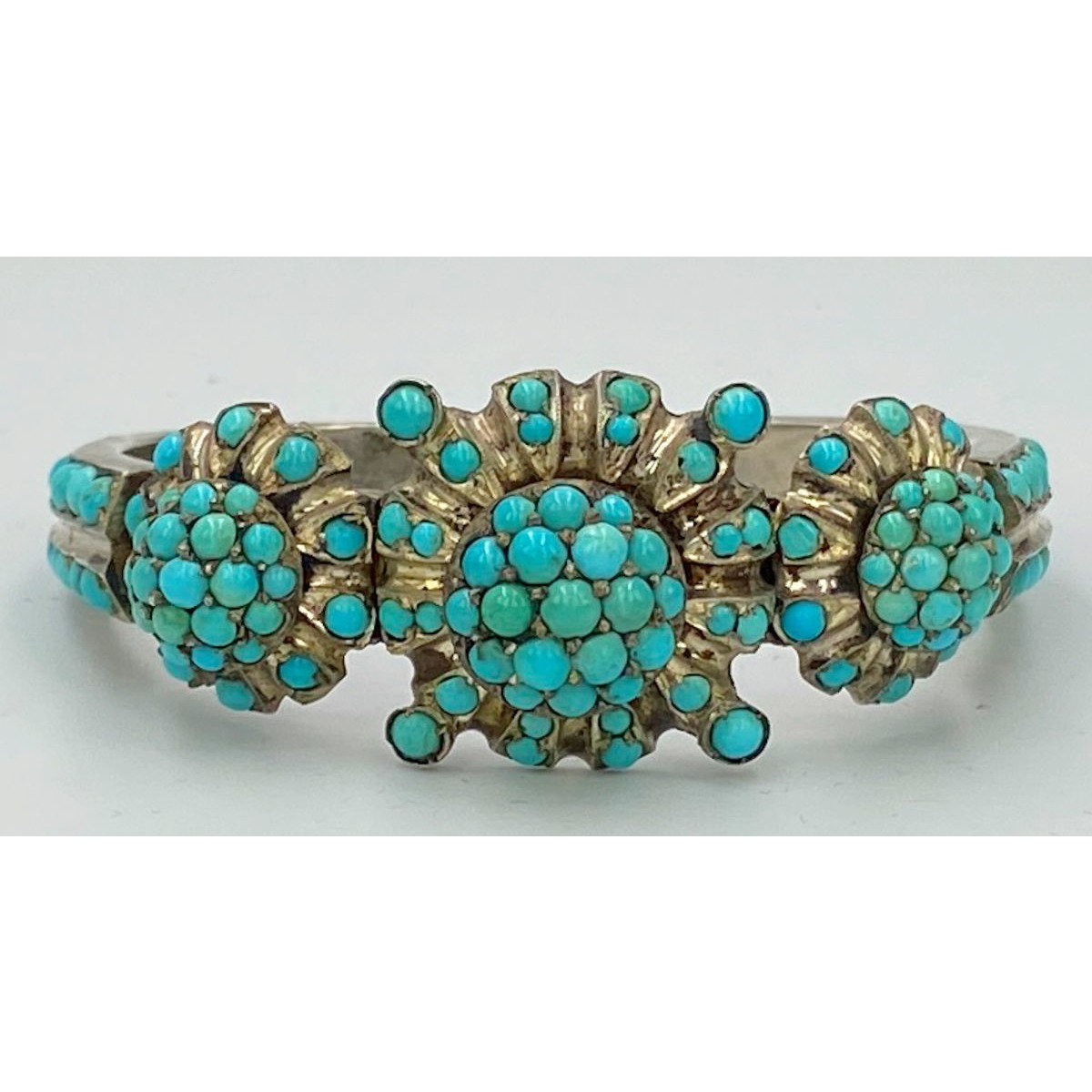 Tremendous Persian Turquoise Gilded Antique English Hinged Cuff Bangle